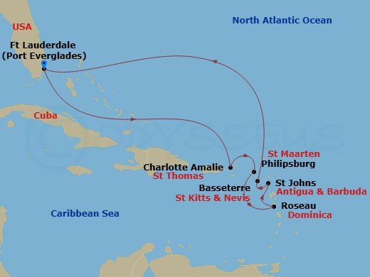 10 Night - Eastern Caribbean with St. Kitts - Coral Princess - Starting in Fort Lauderdale, Florida, St Thomas, US Virgin Islands, St Kitts, Dominica, Antigua, St Maarten, Fort Lauderdale, Florida itinerary map