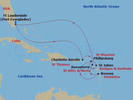10 Night - Eastern Caribbean with St. Kitts - Coral Princess - Starting in Fort Lauderdale, Florida, Antigua, St Maarten, Dominica, St Kitts, St Thomas, US Virgin Islands, Fort Lauderdale, Florida itinerary map