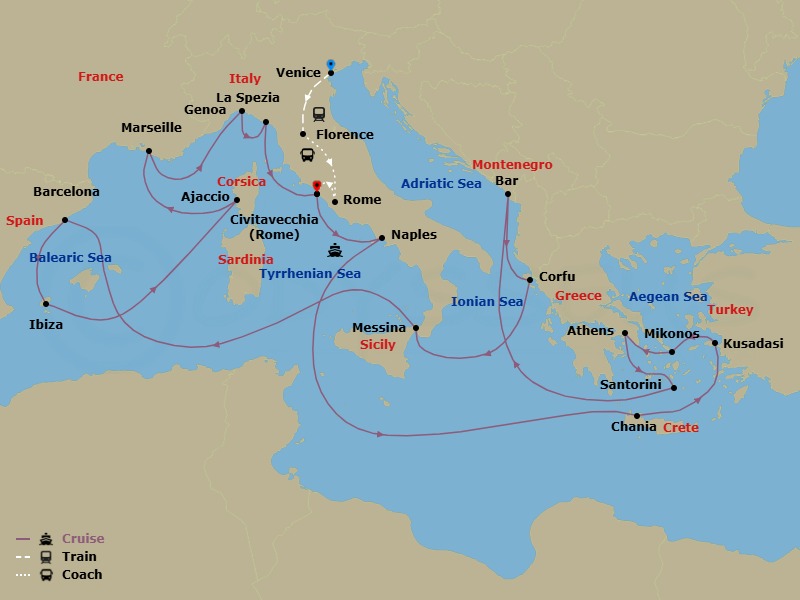 27 Night - Classic Italy - Tour 4C - Sun Princess Tours - Starting in Venice, Italy, Florence, Italy, Rome, Italy, Civitavecchia (for Rome), Italy, Naples, Italy (for Capri and Pompeii), Crete (Chania), Greece, Kusadasi, Turkey (for Ephesus), Mykonos, Greece, Athens (Piraeus), Greece, Santorini, Greece, Montenegro, Corfu, Greece, Sicily (Messina), Italy, Barcelona, Spain, Ibiza, Spain, Corsica (Ajaccio), France, Marseille (Provence), France, Genoa (for Cinque Terre), Italy, La Spezia (for Florence / Pisa), Italy, Civitavecchia (for Rome), Italy itinerary map