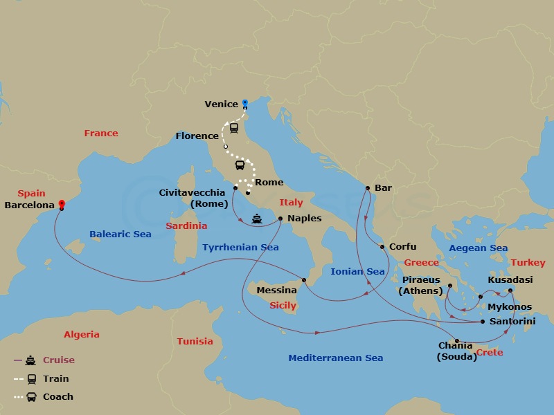 20 Night - Classic Italy - Tour 4B - Sun Princess Tours - Starting in Venice, Italy, Florence, Italy, Rome, Italy, Civitavecchia (for Rome), Italy, Naples, Italy (for Capri and Pompeii), Crete (Chania), Greece, Kusadasi, Turkey (for Ephesus), Mykonos, Greece, Athens (Piraeus), Greece, Santorini, Greece, Montenegro, Corfu, Greece, Sicily (Messina), Italy, Barcelona, Spain itinerary map