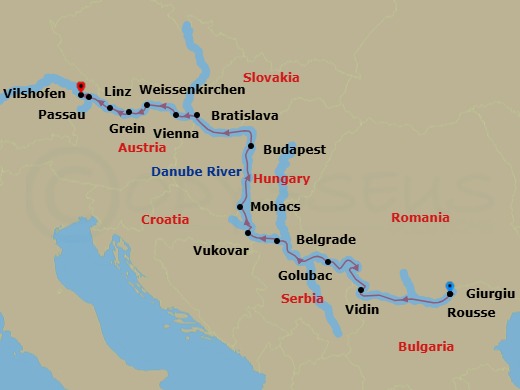 14 Night - Grand Danube Cruise - AmaVerde - Starting in Giurgiu, Rousse, Vidin, Golubac, Belgrade, Vukovar, Mohacs, Budapest, Bratislava, Vienna, Weissenkirchen, Grein, Linz, Passau, Villany itinerary map