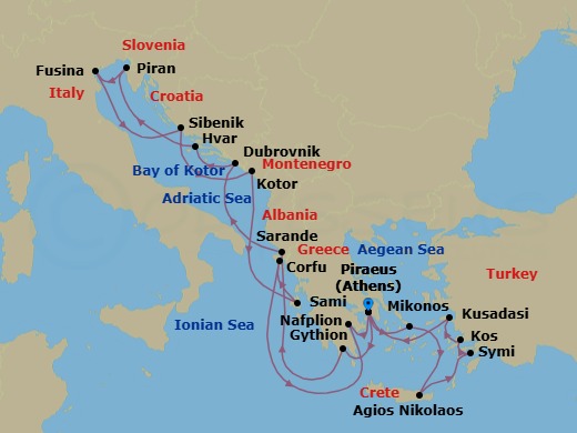 21 Night - Adriatic, Ephesus & Grecian Gems - Seabourn Quest - Starting in Piraeus (Athens), Greece, Gythion (Sparta), Greece, Sarande, Albania, Dubrovnik, Croatia, Hvar, Croatia, Piran, Slovenia, Fusina (Venice), Italy, Vodice (Sibenik), Croatia, Kotor, Montenegro, Scenic cruising Bay of Kotor, Sami, Cephalonia, Greece, Corfu, Greece, Nafplion, Greece, Piraeus (Athens), Greece, Mykonos, Greece, Agios Nikolaos, Crete, Greece, Symi, Greece, Kos, Greece, Kusadasi (Ephesus), Turkey, Piraeus (Athens), Greece itinerary map