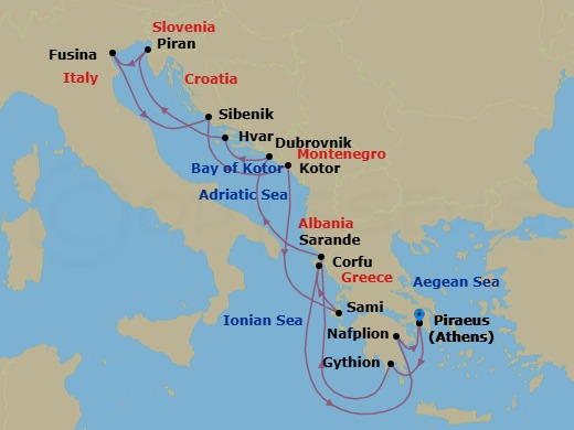 14 Night - Adriatic & Grecian Gems - Seabourn Quest - Starting in Piraeus (Athens), Greece, Gythion (Sparta), Greece, Sarande, Albania, Dubrovnik, Croatia, Hvar, Croatia, Piran, Slovenia, Fusina (Venice), Italy, Vodice (Sibenik), Croatia, Kotor, Montenegro, Scenic cruising Bay of Kotor, Sami, Cephalonia, Greece, Corfu, Greece, Nafplion, Greece, Piraeus (Athens), Greece itinerary map