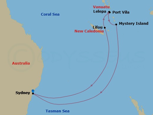 9 Night - Royal Beach Club Lelepa Holiday - Voyager of the Seas - Starting in Sydney AU, Lifou, Loyalty Island, Vila, Vanuatu, Royal Beach Club Lelepa, Mystery Island, Vanuatu, Sydney AU itinerary map