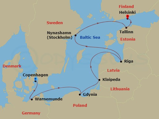 9 Night - Europe - Baltic - Norwegian Sun - Starting in Copenhagen, Denmark, Warnemunde / Berlin, Germany, Gdynia / Gdansk, Poland, Klaipeda, Lithuania, Riga, Latvia, Nynashamn / Stockholm, Sweden, Tallinn, Estonia, Helsinki, Finland itinerary map