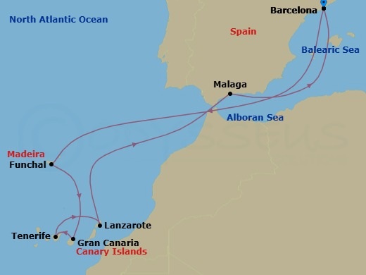 12 Night - Canary Islands & Madeira - Celebrity Infinity - Starting in Barcelona, Spain, Madeira (Funchal), Portugal, Gran Canaria, Canary Islands, Tenerife, Canary Islands, Lanzarote, Canary Islands, Malaga, Spain, Barcelona, Spain itinerary map