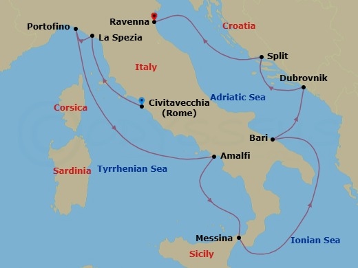 10 Night - Best of Italy & Croatia - Celebrity Constellation - Starting in Rome (Civitavecchia), Italy, Florence / Pisa (La Spezia), Italy, Portofino, Italy, Amalfi Coast (Salerno), Italy, Sicily (Messina), Italy, Bari, Italy, Dubrovnik, Croatia, Split, Croatia, Ravenna, Italy itinerary map