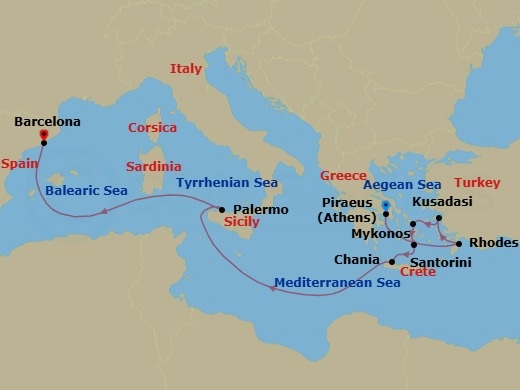 9 Night - Greek Isles & Sicily - Celebrity Xcel - Starting in Athens (Piraeus), Greece, Rhodes, Greece, Ephesus (Kusadasi), Turkey, Mykonos, Greece, Santorini, Greece, Chania (Souda), Crete, Greece, Sicily (Palermo), Italy, Barcelona, Spain itinerary map