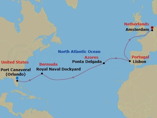 13 Night - Bermuda & Portugal Transatlantic - Celebrity Apex - Starting in Orlando (Port Canaveral), Fl, Royal Naval Dockyard, Bermuda, Ponta Delgada, Azores, Lisbon, Portugal, Amsterdam, Netherlands itinerary map