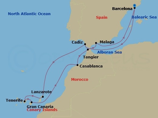 12 Night - Spain, Canary Island & Morocco - Celebrity Infinity - Starting in Barcelona, Spain, Seville (Cadiz), Spain, Lanzarote, Canary Islands, Tenerife, Canary Islands, Gran Canaria, Canary Islands, Casablanca, Morocco, Tangier, Morocco, Malaga, Spain, Barcelona, Spain itinerary map