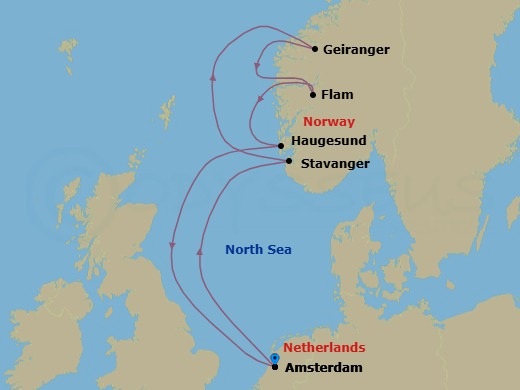 7 Night - Best of Norway - Celebrity Apex - Starting in Amsterdam, Netherlands, Stavanger, Norway, Geiranger, Norway, Flam, Norway, Haugesund, Norway, Amsterdam, Netherlands itinerary map