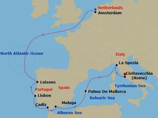 12 Night - Spain, Portugal & Italy - Celebrity Apex - Starting in Amsterdam, Netherlands, Porto (Leixoes), Portugal, Lisbon, Portugal, Seville (Cadiz), Spain, Malaga, Spain, Palma De Mallorca, Spain, Florence / Pisa (La Spezia), Italy, Rome (Civitavecchia), Italy itinerary map