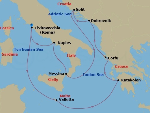 10 Night - Italy, Croatia & Greece - Celebrity Ascent - Starting in Rome (Civitavecchia), Italy, Valletta, Malta, Olympia (Katakolon), Greece, Corfu, Greece, Dubrovnik, Croatia, Split, Croatia, Sicily (Messina), Italy, Naples, Italy, Rome (Civitavecchia), Italy itinerary map