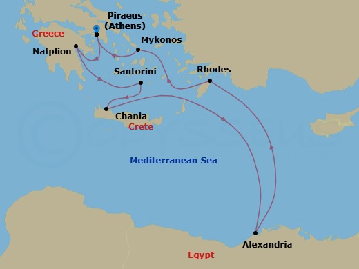 11 Night - Greece & Egypt Ancient Wonders - Celebrity Infinity - Starting in Athens (Piraeus), Greece, Nafplio, Greece, Santorini, Greece, Chania (Souda), Crete, Greece, Alexandria EG, Rhodes, Greece, Mykonos, Greece, Athens (Piraeus), Greece itinerary map