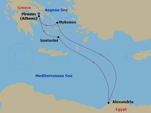 7 Night - Greece & Egypt Ancient Wonders - Celebrity Infinity - Starting in Athens (Piraeus), Greece, Santorini, Greece, Alexandria EG, Mykonos, Greece, Athens (Piraeus), Greece itinerary map