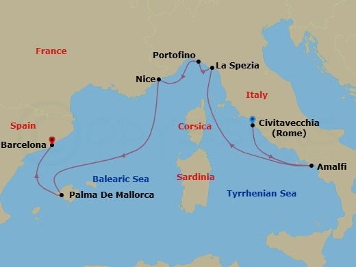 9 Night - Amalfi, Italian & French Riviera - Celebrity Eclipse - Starting in Rome (Civitavecchia), Italy, Amalfi Coast (Salerno), Italy, Florence / Pisa (La Spezia), Italy, Portofino, Italy, Nice (Villefranche), France, Palma De Mallorca, Spain, Barcelona, Spain itinerary map