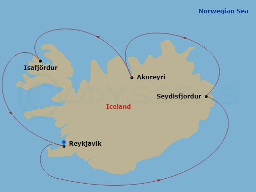 7 Night - Iceland Glaciers & Fjords - Celebrity Summit - Starting in Reykjavik, Iceland, Seydisfjordur, Iceland, Akureyri, Iceland, Isafjordur, Iceland, Reykjavik, Iceland itinerary map