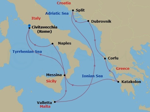 10 Night - Italy, Croatia & Greece - Celebrity Ascent - Starting in Rome (Civitavecchia), Italy, Sicily (Messina), Italy, Valletta, Malta, Split, Croatia, Dubrovnik, Croatia, Corfu, Greece, Olympia (Katakolon), Greece, Naples, Italy, Rome (Civitavecchia), Italy itinerary map