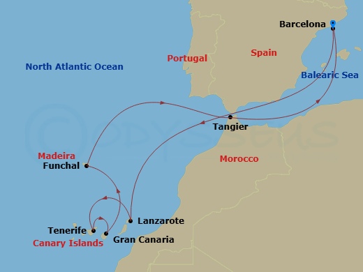 12 Night - Spain, Portugal & Morocco - Celebrity Infinity - Starting in Barcelona, Spain, Lanzarote, Canary Islands, Tenerife, Canary Islands, Gran Canaria, Canary Islands, Madeira (Funchal), Portugal, Tangier, Morocco, Barcelona, Spain itinerary map