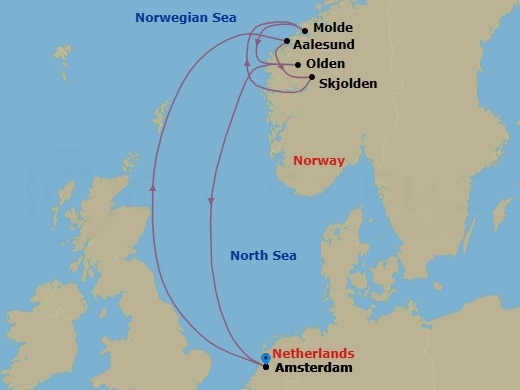 7 Night - Best of Norway - Celebrity Apex - Starting in Amsterdam, Netherlands, Alesund, Norway, Skjolden, Norway, Molde, Norway, Olden, Norway, Amsterdam, Netherlands itinerary map