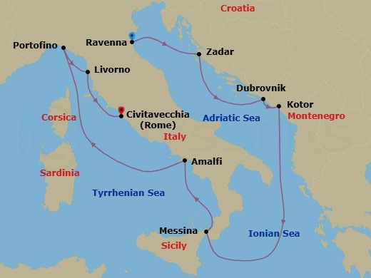 11 Night - Best of Italy & Croatia - Celebrity Constellation - Starting in Ravenna, Italy, Zadar, Croatia, Dubrovnik, Croatia, Kotor, Montenegro, Sicily (Messina), Italy, Amalfi Coast (Salerno), Italy, Portofino, Italy, Florence / Pisa (Livorno), Italy, Rome (Civitavecchia), Italy itinerary map