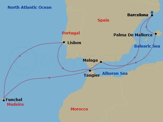 11 Night - Spain & Portugal - Celebrity Xcel - Starting in Barcelona, Spain, Tangier, Morocco, Lisbon, Portugal, Madeira (Funchal), Portugal, Malaga, Spain, Palma De Mallorca, Spain, Barcelona, Spain itinerary map