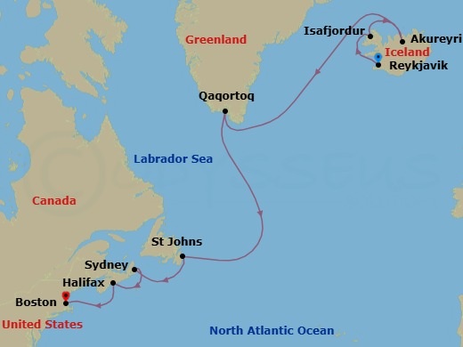 13 Night - Iceland, Greenland, Nova Scotia - Celebrity Summit - Starting in Reykjavik, Iceland, Isafjordur, Iceland, Akureyri, Iceland, Qaqortoq, Greenland, St Johns NF, Newfoundland, Sydney NS, Nova Scotia, Halifax, Nova Scotia, Boston, Massachusetts itinerary map