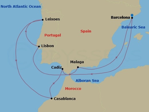 9 Night - Spain & Portugal - Celebrity Eclipse - Starting in Barcelona, Spain, Lisbon, Portugal, Porto (Leixoes), Portugal, Casablanca, Morocco, Seville (Cadiz), Spain, Malaga, Spain, Barcelona, Spain itinerary map