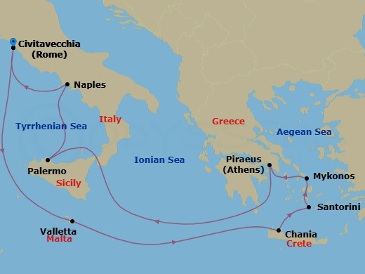 11 Night - Italy, Greek Isles & Malta - Celebrity Ascent - Starting in Rome (Civitavecchia), Italy, Valletta, Malta, Chania (Souda), Crete, Greece, Santorini, Greece, Mykonos, Greece, Athens (Piraeus), Greece, Sicily (Palermo), Italy, Naples, Italy, Rome (Civitavecchia), Italy itinerary map