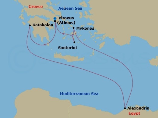 9 Night - Greece & Egypt Ancient Wonders - Celebrity Infinity - Starting in Athens (Piraeus), Greece, Olympia (Katakolon), Greece, Alexandria EG, Mykonos, Greece, Santorini, Greece, Athens (Piraeus), Greece itinerary map