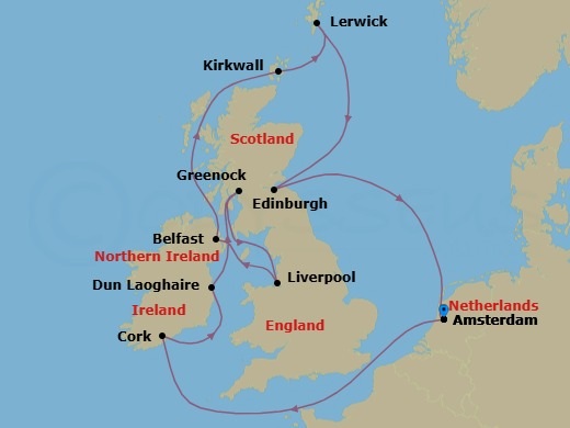 12 Night - British Isles - Celebrity Apex - Starting in Amsterdam, Netherlands, Cork (Cobh), Ireland, Dun Laoghaire, Ireland, Glasgow (Greenock), Scotland, Liverpool, England, Belfast, Northern Ireland, Kirkwall, Scotland, Lerwick / Shetland, Scotland, Edinburgh (Newhaven), Scotland, Amsterdam, Netherlands itinerary map