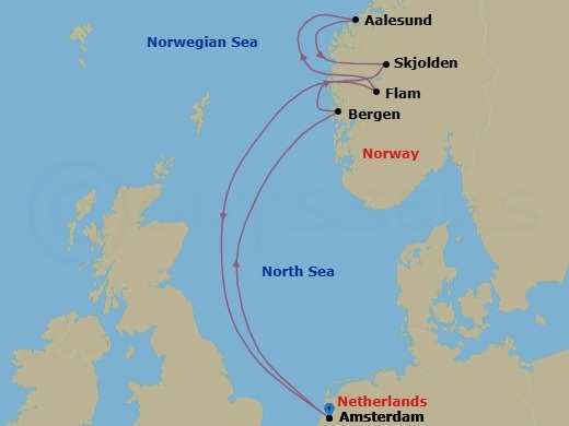 7 Night - Best of Norway - Celebrity Apex - Starting in Amsterdam, Netherlands, Bergen, Norway, Flam, Norway, Alesund, Norway, Skjolden, Norway, Amsterdam, Netherlands itinerary map