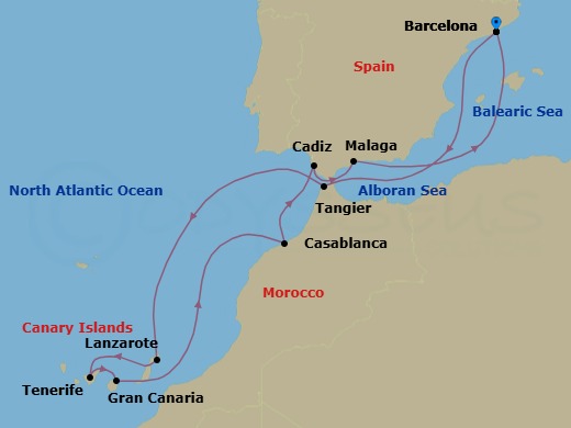 12 Night - Spain, Canary Islands & Morocco - Celebrity Infinity - Starting in Barcelona, Spain, Tangier, Morocco, Lanzarote, Canary Islands, Tenerife, Canary Islands, Gran Canaria, Canary Islands, Casablanca, Morocco, Seville (Cadiz), Spain, Malaga, Spain, Barcelona, Spain itinerary map