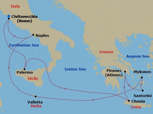 11 Night - Italy, Greek Isles & Malta - Celebrity Ascent - Starting in Rome (Civitavecchia), Italy, Sicily (Palermo), Italy, Chania (Souda), Crete, Greece, Athens (Piraeus), Greece, Santorini, Greece, Mykonos, Greece, Valletta, Malta, Naples, Italy, Rome (Civitavecchia), Italy itinerary map