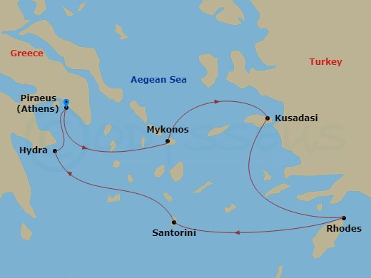 7 Night - Best of Greece - Celebrity Infinity - Starting in Athens (Piraeus), Greece, Mykonos, Greece, Ephesus (Kusadasi), Turkey, Rhodes, Greece, Santorini, Greece, Hydra, Greece, Athens (Piraeus), Greece itinerary map