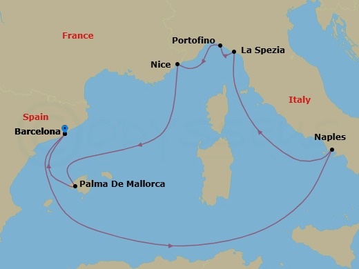 10 Night - Italian & French Riviera - Celebrity Eclipse - Starting in Barcelona, Spain, Naples, Italy, Florence / Pisa (La Spezia), Italy, Portofino, Italy, Nice (Villefranche), France, Palma De Mallorca, Spain, Barcelona, Spain itinerary map