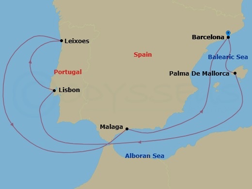 9 Night - Spain & Portugal - Celebrity Eclipse - Starting in Barcelona, Spain, Palma De Mallorca, Spain, Lisbon, Portugal, Porto (Leixoes), Portugal, Malaga, Spain, Barcelona, Spain itinerary map