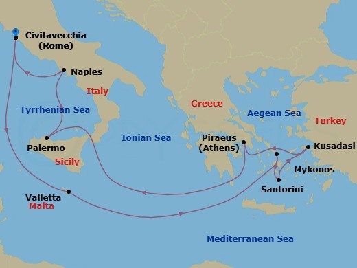 11 Night - Italy, Greek Isles & Malta - Celebrity Ascent - Starting in Rome (Civitavecchia), Italy, Valletta, Malta, Mykonos, Greece, Santorini, Greece, Ephesus (Kusadasi), Turkey, Athens (Piraeus), Greece, Sicily (Palermo), Italy, Naples, Italy, Rome (Civitavecchia), Italy itinerary map