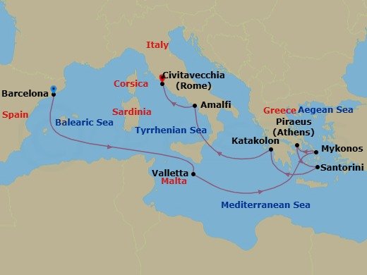 10 Night - Greek Isles & Amalfi Coast - Celebrity Eclipse - Starting in Barcelona, Spain, Valletta, Malta, Mykonos, Greece, Athens (Piraeus), Greece, Santorini, Greece, Olympia (Katakolon), Greece, Amalfi Coast (Salerno), Italy, Rome (Civitavecchia), Italy itinerary map