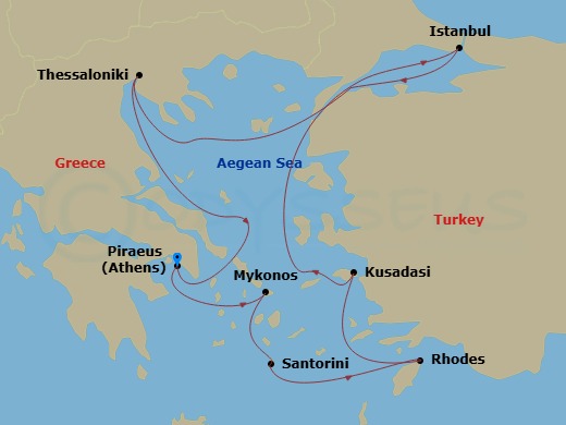 11 Night - Best of Greece - Celebrity Infinity - Starting in Athens (Piraeus), Greece, Mykonos, Greece, Santorini, Greece, Rhodes, Greece, Ephesus (Kusadasi), Turkey, Istanbul, Turkey, Thessaloniki, Greece, Athens (Piraeus), Greece itinerary map