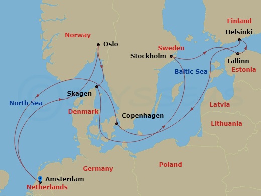 12 Night - Best of Scandinavia - Celebrity Apex - Starting in Amsterdam, Netherlands, Oslo, Norway, Skagen, Denmark, Stockholm, Sweden, Tallinn, Estonia, Helsinki, Finland, Copenhagen, Denmark, Amsterdam, Netherlands itinerary map