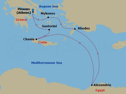 10 Night - Greece & Egypt Ancient Wonders - Celebrity Infinity - Starting in Athens (Piraeus), Greece, Santorini, Greece, Chania (Souda), Crete, Greece, Alexandria EG, Rhodes, Greece, Mykonos, Greece, Athens (Piraeus), Greece itinerary map