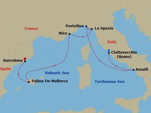 9 Night - Amalfi, Italian & French Riviera - Celebrity Eclipse - Starting in Rome (Civitavecchia), Italy, Amalfi Coast (Salerno), Italy, Portofino, Italy, Florence / Pisa (La Spezia), Italy, Nice (Villefranche), France, Palma De Mallorca, Spain, Barcelona, Spain itinerary map