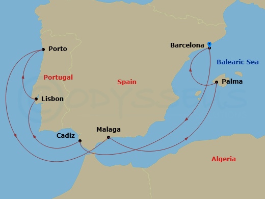 9 Night - Spain & Portugal - Celebrity Eclipse - Starting in Barcelona, Spain, Seville (Cadiz), Spain, Lisbon, Portugal, Porto (Leixoes), Portugal, Malaga, Spain, Palma De Mallorca, Spain, Barcelona, Spain itinerary map