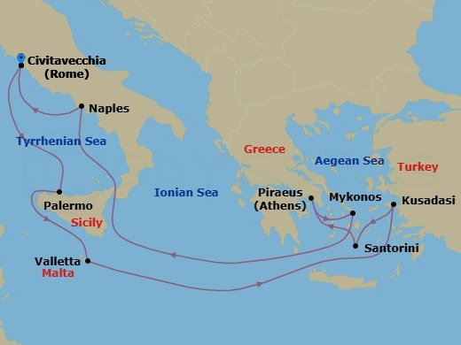 11 Night - Italy, Greek Isles & Malta - Celebrity Ascent - Starting in Rome (Civitavecchia), Italy, Sicily (Palermo), Italy, Valletta, Malta, Ephesus (Kusadasi), Turkey, Santorini, Greece, Athens (Piraeus), Greece, Mykonos, Greece, Naples, Italy, Rome (Civitavecchia), Italy itinerary map