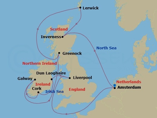 12 Night - British Isles - Celebrity Apex - Starting in Amsterdam, Netherlands, Liverpool, England, Dun Laoghaire, Ireland, Cork (Cobh), Ireland, Galway, Ireland, Glasgow (Greenock), Scotland, Lerwick / Shetland, Scotland, Inverness / Loch Ness, Scotland, Amsterdam, Netherlands itinerary map