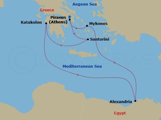 9 Night - Greece & Egypt Ancient Wonders - Celebrity Infinity - Starting in Athens (Piraeus), Greece, Santorini, Greece, Olympia (Katakolon), Greece, Alexandria EG, Mykonos, Greece, Athens (Piraeus), Greece itinerary map