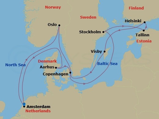 14 Night - Best of Scandinavia - Celebrity Apex - Starting in Amsterdam, Netherlands, Oslo, Norway, Stockholm, Sweden, Tallinn, Estonia, Helsinki, Finland, Visby, Sweden, Copenhagen, Denmark, Aarhus, Denmark, Amsterdam, Netherlands itinerary map