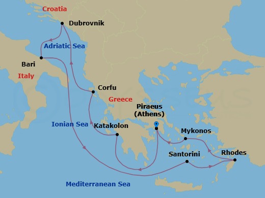 10 Night - Greek Isles, Croatia & Italy - Celebrity Infinity - Starting in Athens (Piraeus), Greece, Olympia (Katakolon), Greece, Corfu, Greece, Dubrovnik, Croatia, Bari, Italy, Santorini, Greece, Rhodes, Greece, Mykonos, Greece, Athens (Piraeus), Greece itinerary map