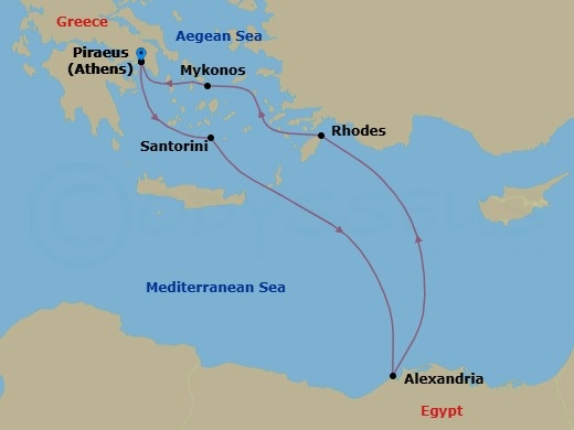 8 Night - Greece & Egypt Ancient Wonders - Celebrity Infinity - Starting in Athens (Piraeus), Greece, Santorini, Greece, Alexandria EG, Rhodes, Greece, Mykonos, Greece, Athens (Piraeus), Greece itinerary map